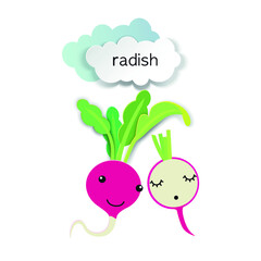 Two cute radishes and paper-cut clouds. Template for poster, postcard, packaging.