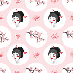 Seamless Japanese pattern with portrait of woman and cherry blossoms.	