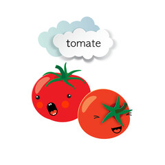 Two cute tomatoes and paper-cut clouds. Template for poster, postcard, packaging.