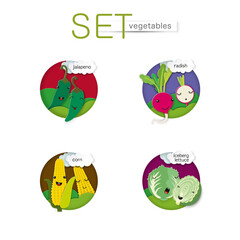 set of cute vegetables such as radishes, jalapenos, corn and iceberg lettuce and paper cut clouds. Template for poster, postcard, packaging.