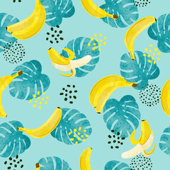 Seamless banana pattern with tropic leaves and fruits. Vector illustration.