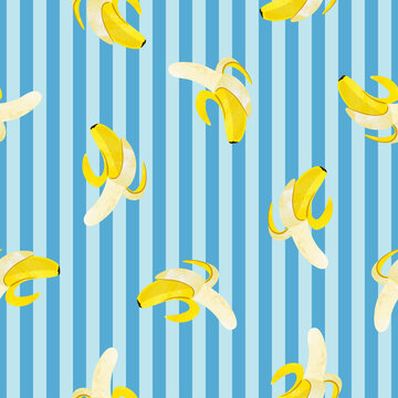 Seamless banana pattern. Vector striped background with fruits.