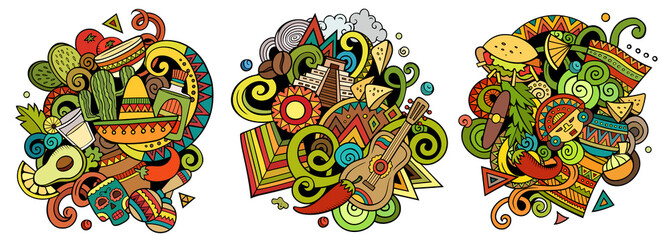 Fototapeta premium Mexico cartoon vector doodle designs set.