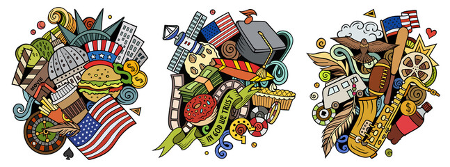 USA cartoon vector doodle designs set.