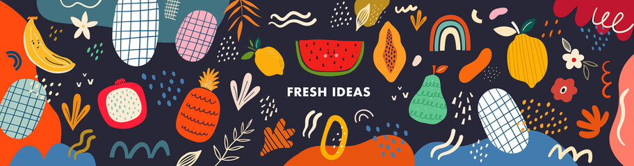 Fresh stylish template with abstract elements, doodles and fruits. 