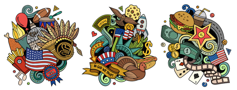 USA cartoon vector doodle designs set.