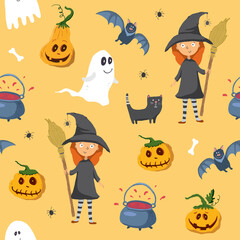 Halloween seamless pattern design. Cute cartoon elements, holiday background, vector illustration
