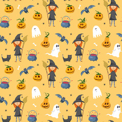 Naklejka premium Halloween seamless pattern design. Cute cartoon elements, holiday background, vector illustration