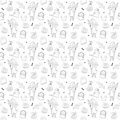Halloween seamless pattern design. Cute cartoon elements, holiday background, vector illustration