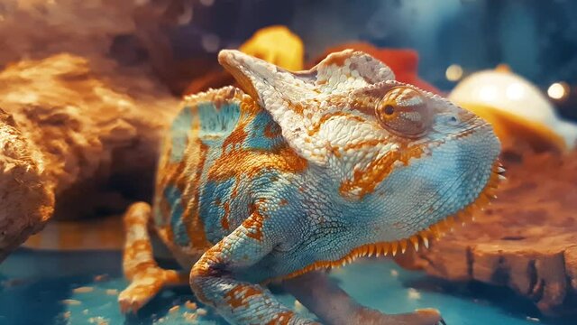 The Chameleon in the terrarium. Multi-colored. Tropical. Animal Lizard