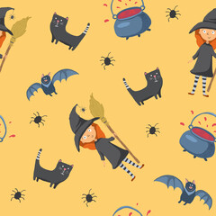 Halloween seamless pattern design. Cute cartoon elements, holiday background, vector illustration