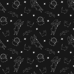 Halloween seamless pattern design. Cute cartoon elements, holiday background, vector illustration