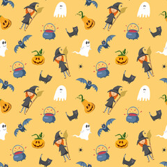 Halloween seamless pattern design. Cute cartoon elements, holiday background, vector illustration