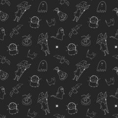 Halloween seamless pattern design. Cute cartoon elements, holiday background, vector illustration