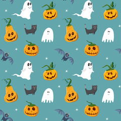 Naklejka premium Halloween seamless pattern design. Cute cartoon elements, holiday background, vector illustration