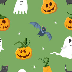 Halloween seamless pattern design. Cute cartoon elements, holiday background, vector illustration