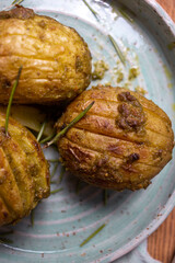 French cuisine roast duck with cherry sauce in a blue plate