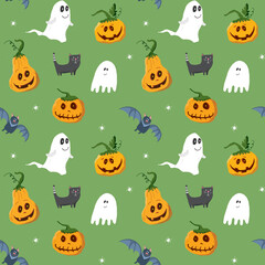 Naklejka premium Halloween seamless pattern design. Cute cartoon elements, holiday background, vector illustration