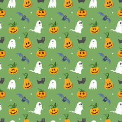 Naklejka premium Halloween seamless pattern design. Cute cartoon elements, holiday background, vector illustration