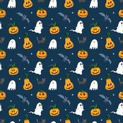 Halloween seamless pattern design. Cute cartoon elements, holiday background, vector illustration