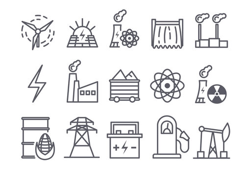 Set of power plant flat line icons on white background. Energy generation station. renewable energy sources included solar, wind, hydro, tidal, geothermal and biomass. Flat cartoon vector illustration