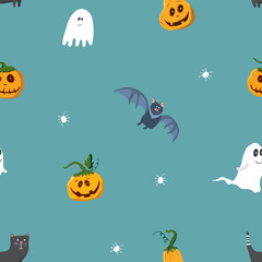 Halloween seamless pattern design. Cute cartoon elements, holiday background, vector illustration