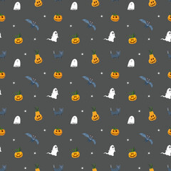 Halloween seamless pattern design. Cute cartoon elements, holiday background, vector illustration