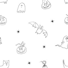 Halloween seamless pattern design. Cute cartoon elements, holiday background, vector illustration