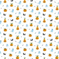 Halloween seamless pattern design. Cute cartoon elements, holiday background, vector illustration