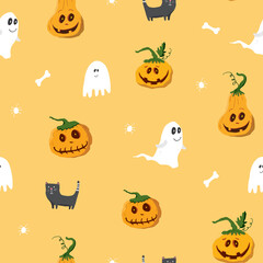 Halloween seamless pattern design. Cute cartoon elements, holiday background, vector illustration