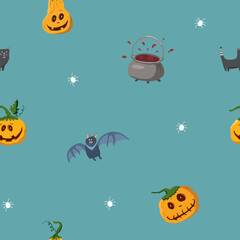 Halloween seamless pattern design. Cute cartoon elements, holiday background, vector illustration