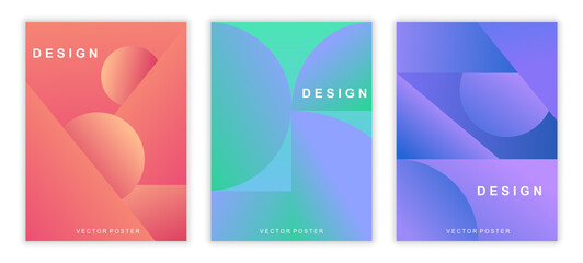 Set of colorful minimalistic posters with grapient shape patterns. Green, red and purple templates with lettering for creative use. Flat cartoon vector illustration