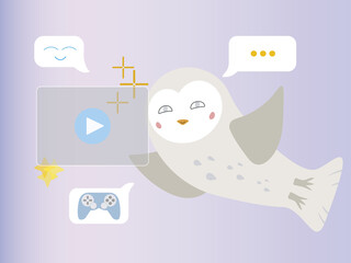 The owl flies and smiles, watches the video. The message icon shows a gamepad, a smiley face. The composition on the theme of entertainment. Vector illustration. 