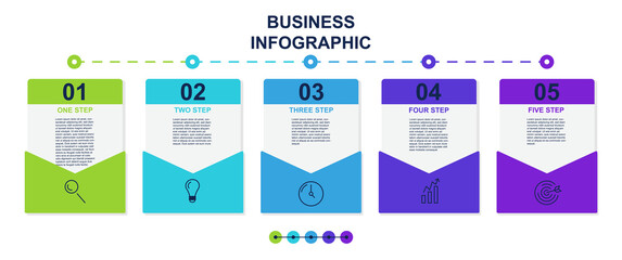 Set of presentation business infographic cards with 5 options on white background. Concept of business educational poster with sfive steps to success. Flat cartoon vector illustration