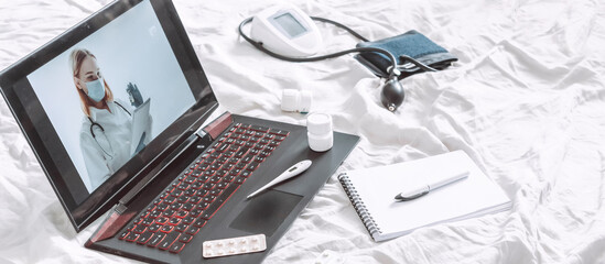 Online Medical insurance. telemedicine, telehealth,patient enters into a contract policy for medical care online, remotely. Medicine online in coronavirus covid 19, lockdown, quarantine.vaccination