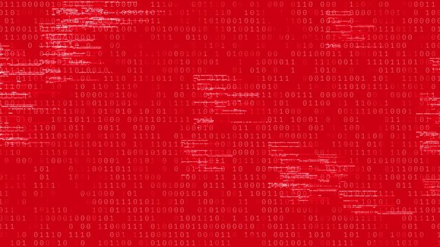 4k digital Programming code running over computer screen terminal, hacking. Global Business Technology Finance binary coding and flickering data processing on red background 3d Animation