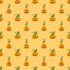 Halloween pumpkin seamless pattern. Cute cartoon pumpkins, holiday background design, vector illustration