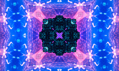 Psychedelic ornament kaleidoscope. Bright neon forms. Ultraviolet illustration. Abstract glowing pattern. Indian, Korean, Arabic ornament. Good for wrapping paper, backgrounds, wallpaper, prints.