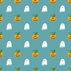 Halloween seamless pattern design. Cute cartoon pumpkin and ghost, holiday background, vector illustration