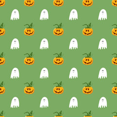 Halloween seamless pattern design. Cute cartoon pumpkin and ghost, holiday background, vector illustration