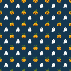 Halloween seamless pattern design. Cute cartoon pumpkin and ghost, holiday background, vector illustration