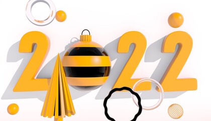 Happy New Year 2022. 3D numbers with geometric shapes and christmas ball on a white background. 3d render.