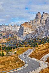 Autumn scene with curved road and yellow larches from both sides in alp forest. Dolomite Alps. Italy