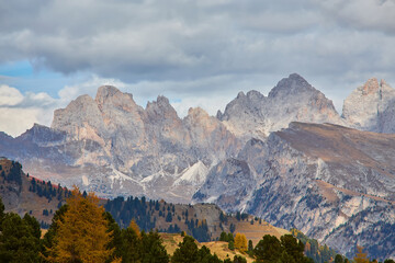 Splendid morning view from the top of Giau pass. Colorful autumn landscape in Dolomite Alps,...