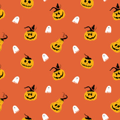 Obraz premium Halloween seamless pattern design. Cute cartoon pumpkin and ghost, holiday background, vector illustration
