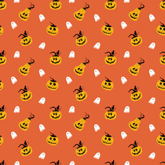 Halloween seamless pattern design. Cute cartoon pumpkin and ghost, holiday background, vector illustration