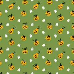 Fototapeta premium Halloween seamless pattern design. Cute cartoon pumpkin and ghost, holiday background, vector illustration