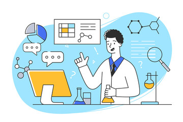 Young cheerful male character is working as a scientist in a laboratory. Concept of men and women enoing their profession. People at their workplace. Flat cartoon vector illustration