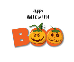 Halloween greeting card. Cute pumpkins, party invitation or holiday banner design, vector illustration