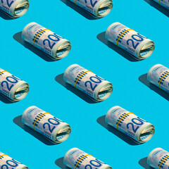 Seamless pattern with Israeli new shekels on blue background.